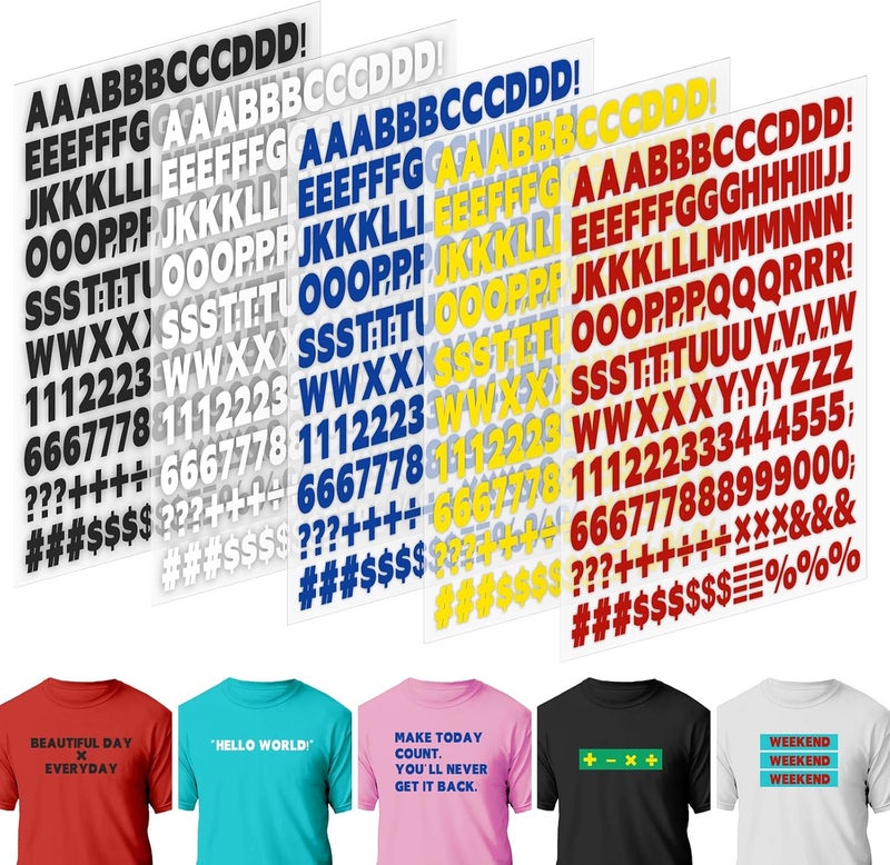 Comkrivy 10 Sheets 1660 Pieces Iron on Letters and Numbers, 1 Inch 5 Colors Vinyl Letters with A-Z Heat Transfer Letters 0-9 PU Iron on Numbers for Clothing T-Shirt DIY Crafts (Black, White, Yellow, Red, Blue) - Image 1